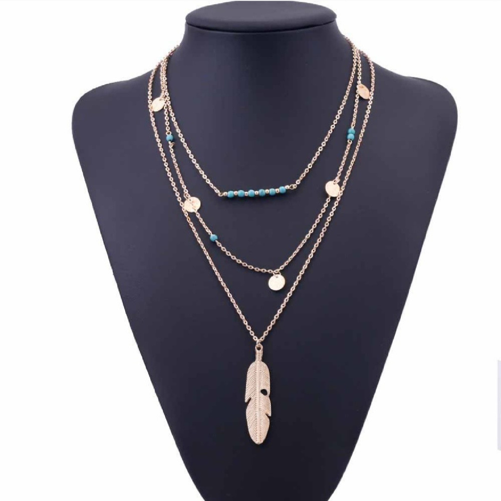 Boho Turquoise Layered Gold Feather Necklace